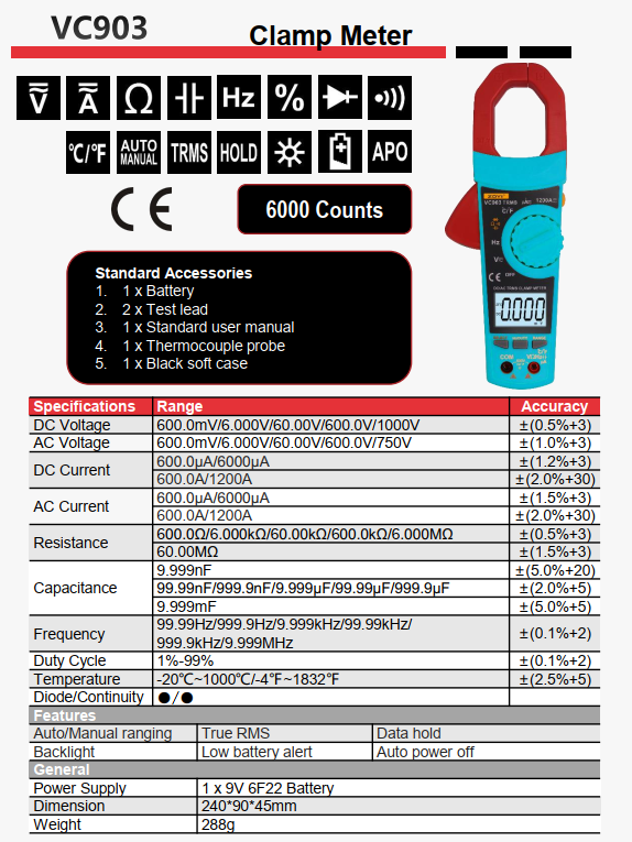 Review VC903 - Đồng hồ kẹp lớn 6000 counts True RMS 1200A