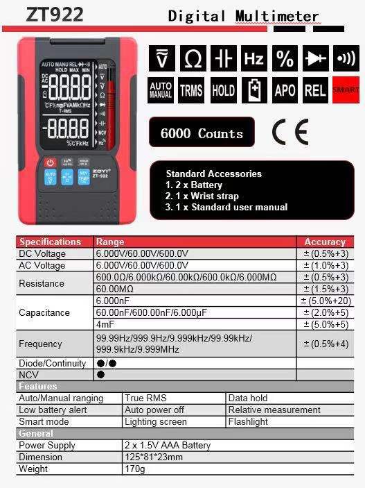 product_922 Đồng hồ vạn năng ZOYI 922 - ZOYI ZT922 – Đồng Hồ Vạn Năng 6000 counts True RMS