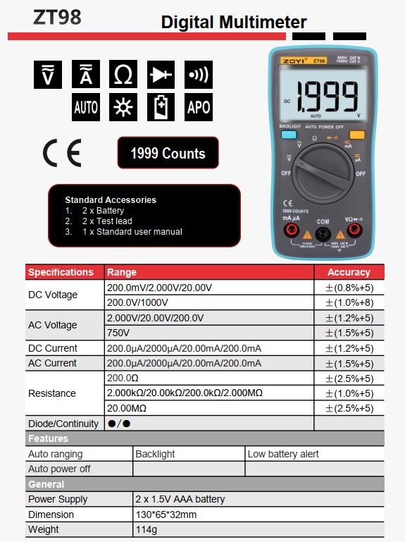 product_98 Đồng hồ vạn năng ZOYI 98 - ZOYI ZT98 – Đồng Hồ Vạn Năng 1999 counts True RMS,